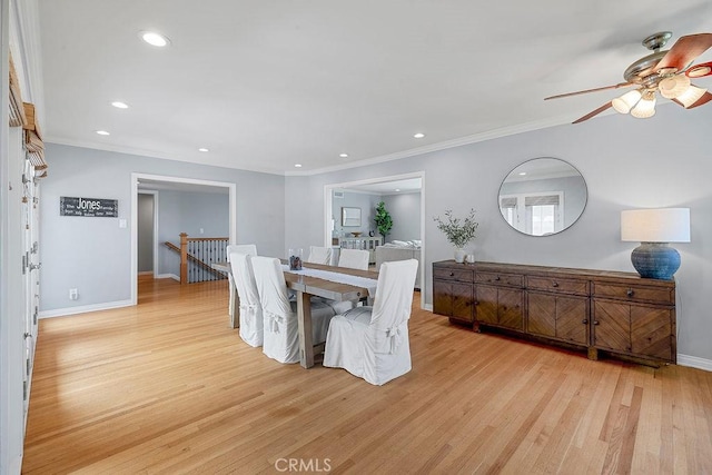 1609 Via Montemar, Palos Verdes Estates, CA 90274 - dining room featuring light wood finished floors, a ceiling fan, crown molding, and recessed lighting