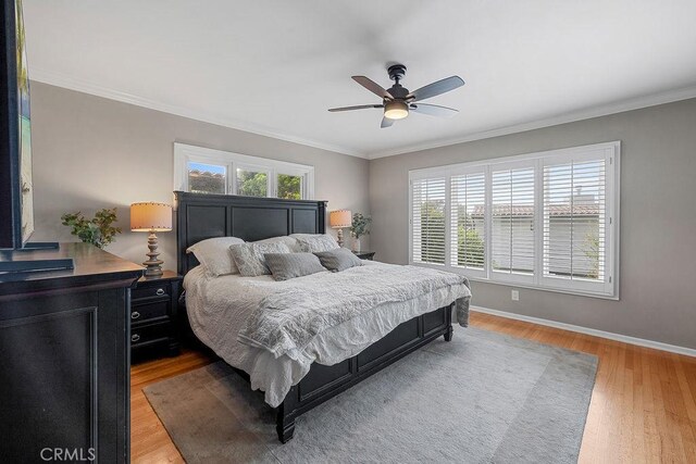 1609 Via Montemar, Palos Verdes Estates, CA 90274 - bedroom with light wood-type flooring, ornamental molding, and ceiling fan
