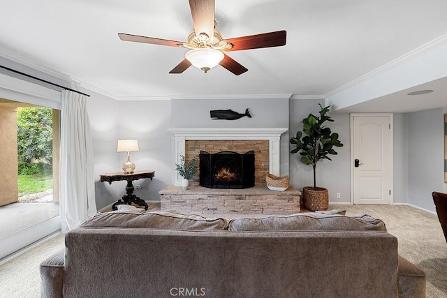 1609 Via Montemar, Palos Verdes Estates, CA 90274 - living room featuring carpet, a stone fireplace, ornamental molding, and a ceiling fan