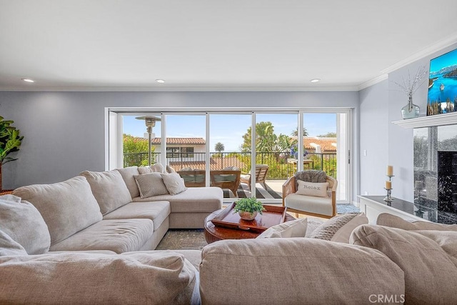 1609 Via Montemar, Palos Verdes Estates, CA 90274 - living room with plenty of natural light, ornamental molding, recessed lighting, and a premium fireplace
