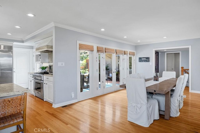 1609 Via Montemar, Palos Verdes Estates, CA 90274 - dining space with light wood-style floors, recessed lighting, and ornamental molding
