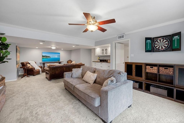 1609 Via Montemar, Palos Verdes Estates, CA 90274 - living area featuring light carpet, ornamental molding, and ceiling fan