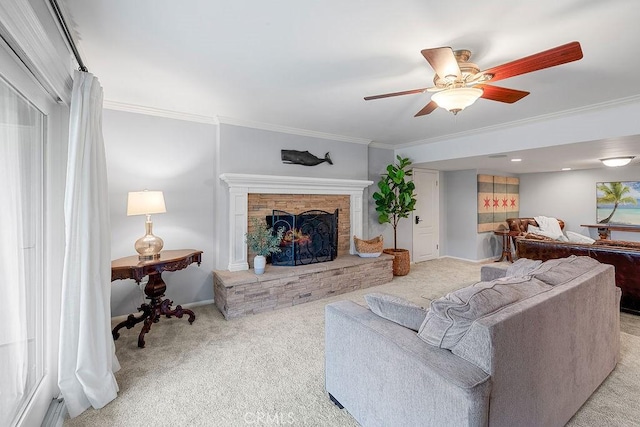 1609 Via Montemar, Palos Verdes Estates, CA 90274 - living room with light carpet, a ceiling fan, ornamental molding, and a fireplace