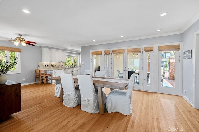 1609 Via Montemar, Palos Verdes Estates, CA 90274 - dining room featuring healthy amount of natural light, light wood finished floors, crown molding, french doors, and recessed lighting
