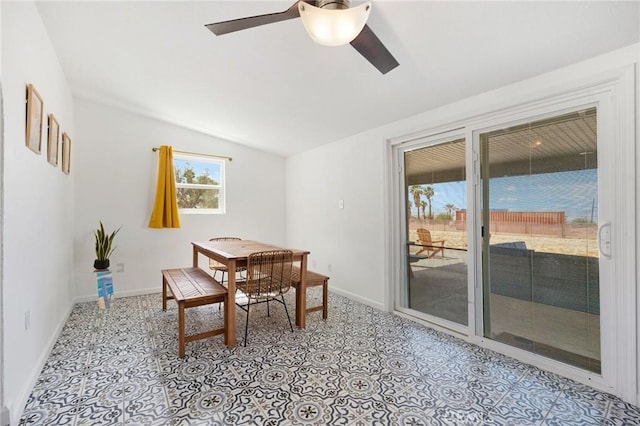 72726 Desert Trail Dr Unit 29, Palms, CA 92277 - dining space featuring lofted ceiling, ceiling fan, and baseboards