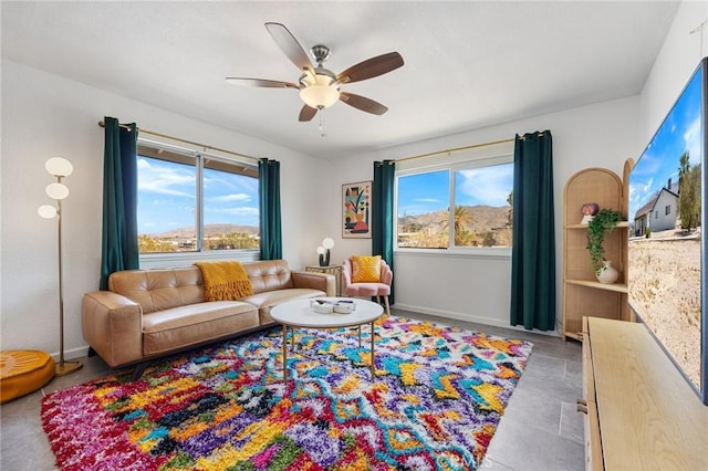 72726 Desert Trail Dr Unit 29, Palms, CA 92277 - living area featuring plenty of natural light, ceiling fan, and baseboards