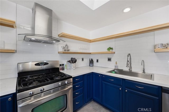 72726 Desert Trail Dr Unit 29, Palms, CA 92277 - kitchen with open shelves, appliances with stainless steel finishes, island range hood, and a sink