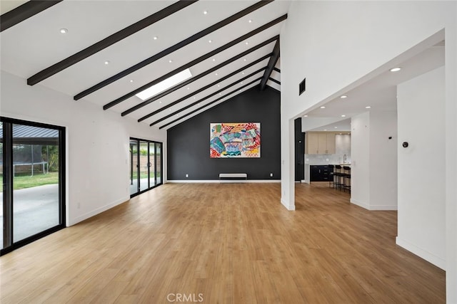 4801 Heaven Ave, Woodland Hills, CA 91364 - unfurnished living room with high vaulted ceiling, beamed ceiling, light wood-style flooring, baseboards, and recessed lighting