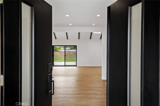 4801 Heaven Ave, Woodland Hills, CA 91364 - hallway featuring beamed ceiling, light wood-style flooring, recessed lighting, and baseboards