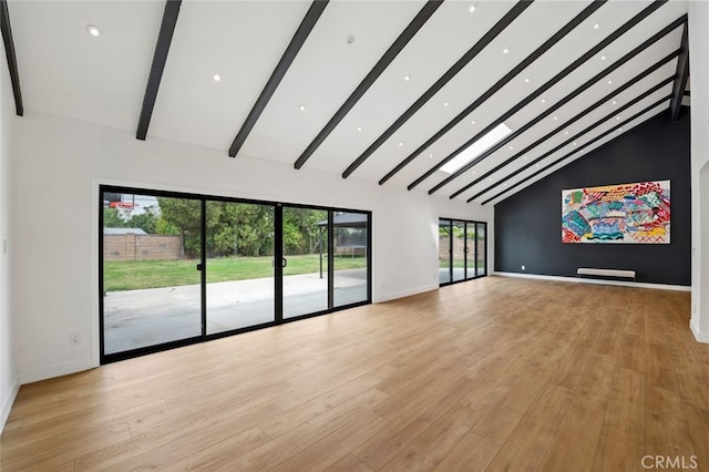 4801 Heaven Ave, Woodland Hills, CA 91364 - unfurnished living room featuring high vaulted ceiling, beam ceiling, baseboards, light wood-style floors, and recessed lighting
