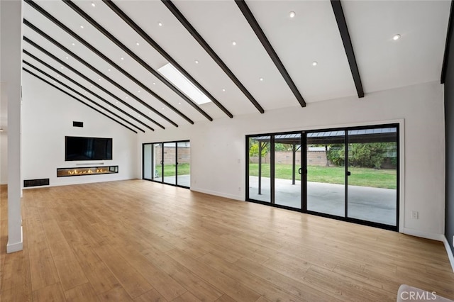4801 Heaven Ave, Woodland Hills, CA 91364 - unfurnished living room featuring high vaulted ceiling, beamed ceiling, baseboards, light wood finished floors, and recessed lighting
