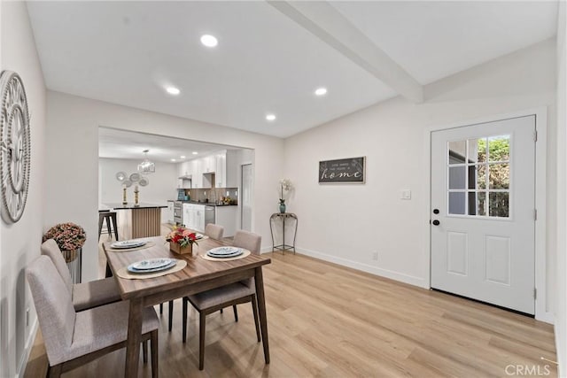 17924 E Kelby St, Covina, CA 91722 - dining room with light wood-style flooring, recessed lighting, beamed ceiling, and a chandelier
