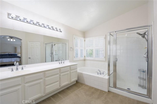 178 Grapevine Dr, Corona, CA 92882 - full bath with lofted ceiling, a shower stall, a bath, ensuite bath, and double vanity