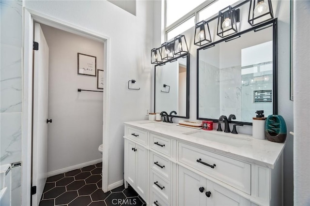 13492 Palomino Creek Dr, Corona, CA 92883 - bathroom with double vanity, a marble finish shower, and tile patterned floors