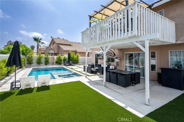 13492 Palomino Creek Dr, Corona, CA 92883 - view of swimming pool featuring a patio area, an outdoor living space, a fenced backyard, and a pool with connected hot tub