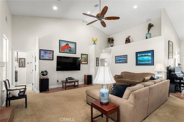 4802 Pentz Rd, Paradise, CA 95969 - living room with carpet floors, high vaulted ceiling, ceiling fan, baseboards, and recessed lighting