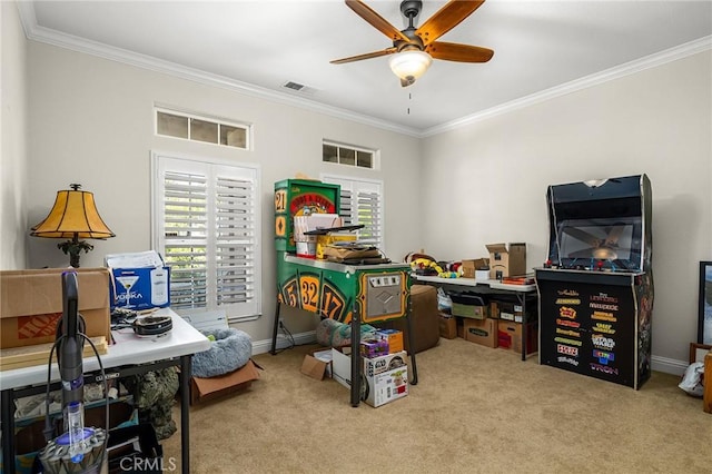 4802 Pentz Rd, Paradise, CA 95969 - rec room with crown molding, a ceiling fan, healthy amount of natural light, carpet flooring, and baseboards