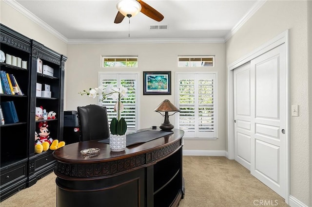 4802 Pentz Rd, Paradise, CA 95969 - office area featuring crown molding, a ceiling fan, and light carpet