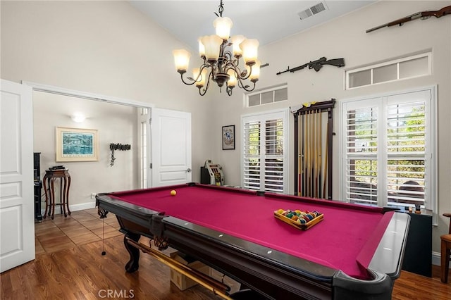 4802 Pentz Rd, Paradise, CA 95969 - recreation room with a chandelier, a high ceiling, billiards table, and wood finished floors