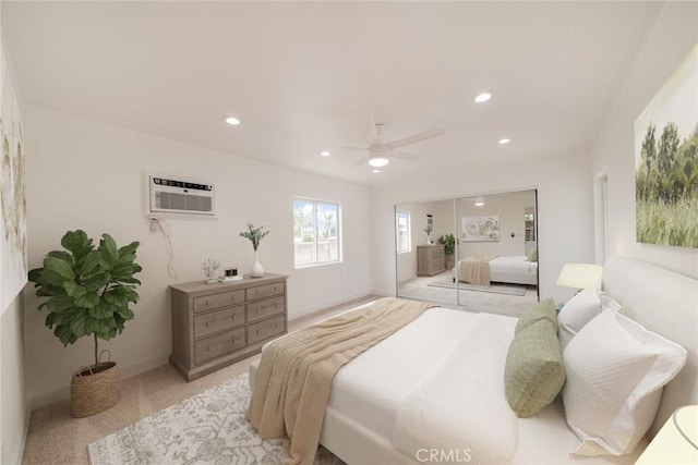 6622 Mitad Ct, San Bernardino, CA 92404 - bedroom with recessed lighting, light colored carpet, a ceiling fan, and a wall mounted air conditioner