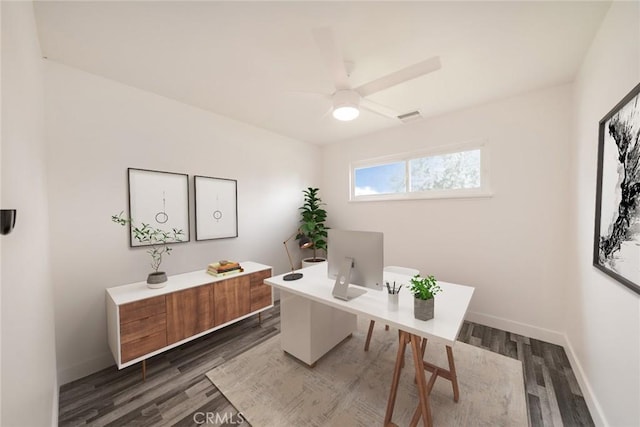 6622 Mitad Ct, San Bernardino, CA 92404 - office with a ceiling fan and dark wood-style flooring