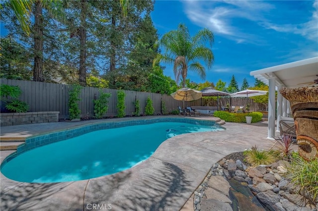 1122 Moonbeam Way, Turlock, CA 95382 - view of pool featuring a patio area, a fenced backyard, and a ceiling fan