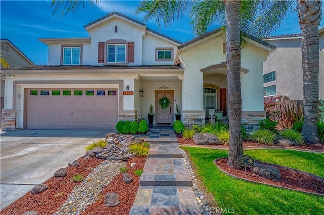 1122 Moonbeam Way, Turlock, CA 95382 - view of front of property featuring stucco siding, driveway, stone siding, and an attached garage