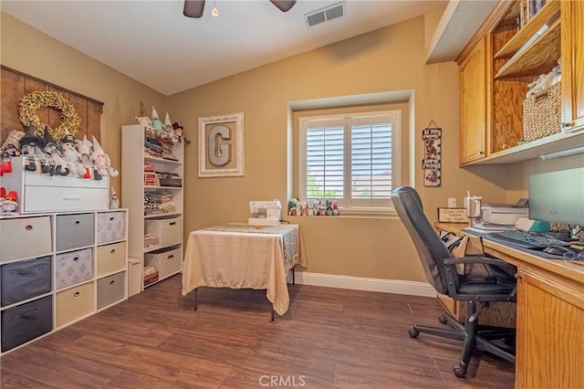 1122 Moonbeam Way, Turlock, CA 95382 - office space featuring dark wood-type flooring, a ceiling fan, baseboards, and vaulted ceiling