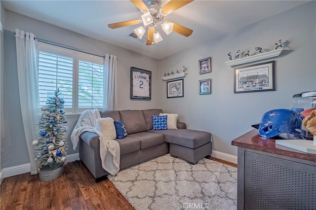 1122 Moonbeam Way, Turlock, CA 95382 - living room featuring baseboards, wood finished floors, and a ceiling fan
