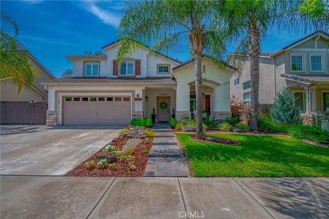 1122 Moonbeam Way, Turlock, CA 95382 - view of front of house with stucco siding, stone siding, driveway, and a garage