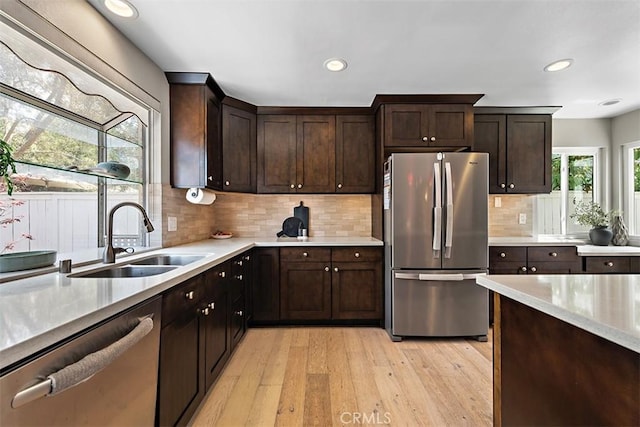 1890 Orange Ave, Costa Mesa, CA 92627 - kitchen with stainless steel appliances, light wood-type flooring, dark brown cabinetry, tasteful backsplash, and recessed lighting