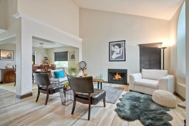 3332 Heather Ridge Ct, San Marcos, CA 92078 - living area with a warm lit fireplace, high vaulted ceiling, light wood-style flooring, and baseboards