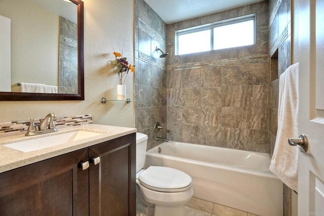 3332 Heather Ridge Ct, San Marcos, CA 92078 - full bathroom featuring washtub / shower combination, toilet, vanity, a textured wall, and tile patterned floors