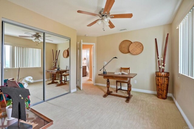 3332 Heather Ridge Ct, San Marcos, CA 92078 - home office featuring a ceiling fan, carpet, and baseboards