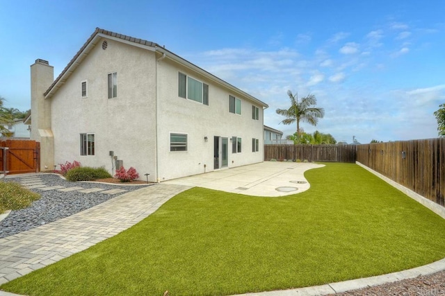 3332 Heather Ridge Ct, San Marcos, CA 92078 - rear view of property with stucco siding, a patio, a gate, and a chimney