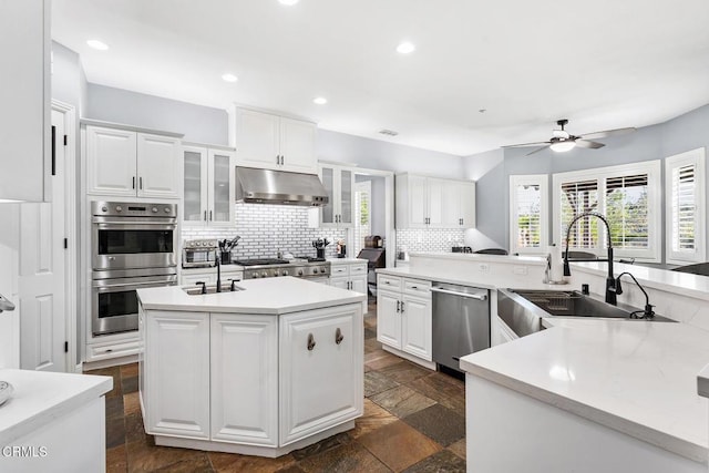 12428 Palmer Dr, Moorpark, CA 93021 - kitchen featuring under cabinet range hood, appliances with stainless steel finishes, an island with sink, backsplash, and healthy amount of natural light