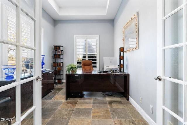 12428 Palmer Dr, Moorpark, CA 93021 - office space featuring stone tile floors, french doors, and a raised ceiling