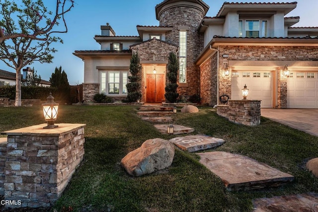 12428 Palmer Dr, Moorpark, CA 93021 - view of front of house featuring stone siding, stucco siding, a front yard, and a chimney