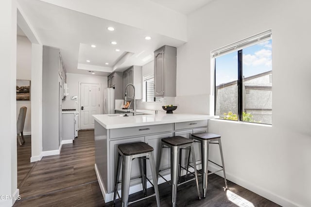 22769 Macfarlane Dr, Woodland Hills, CA 91364 - kitchen with gray cabinetry, a peninsula, dark wood-style floors, plenty of natural light, and recessed lighting