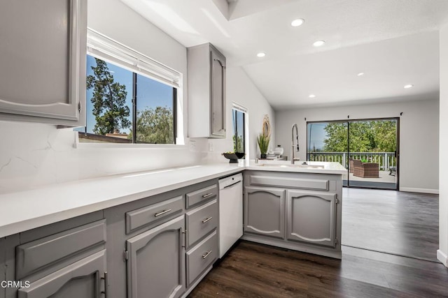 22769 Macfarlane Dr, Woodland Hills, CA 91364 - kitchen with gray cabinetry, dishwasher, a peninsula, recessed lighting, and dark wood-style floors