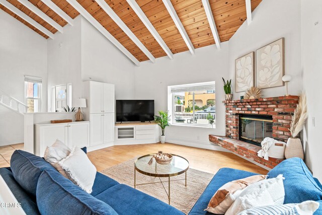 5222 Whitecap St, Oxnard, CA 93035 - living area featuring a wood ceiling with exposed beams, a brick fireplace, high vaulted ceiling, light wood-style flooring, and stairs