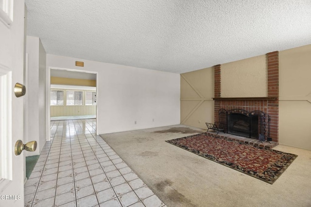 5576 Holly Ridge Dr, Camarillo, CA 93012 - unfurnished living room with a textured ceiling, a brick fireplace, light tile patterned flooring, and light colored carpet