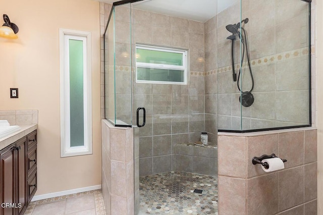 2250 Cooley Pl, Pasadena, CA 91104 - bathroom featuring a shower stall, vanity, and tile patterned flooring