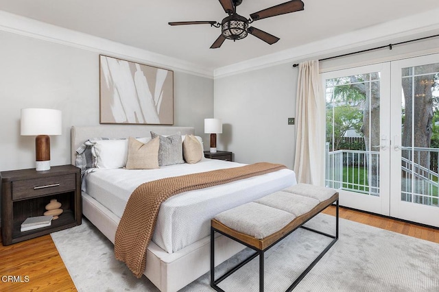 2250 Cooley Pl, Pasadena, CA 91104 - bedroom with access to outside, crown molding, light wood finished floors, french doors, and ceiling fan