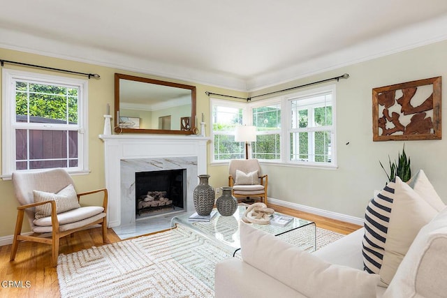 2250 Cooley Pl, Pasadena, CA 91104 - living area featuring wood finished floors, a fireplace, and crown molding