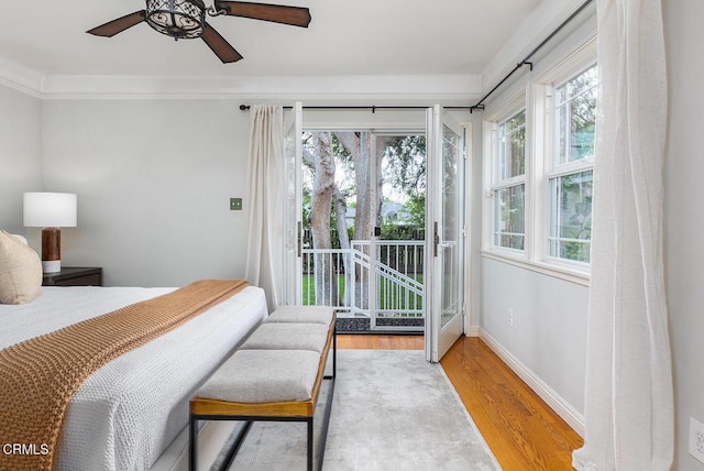 2250 Cooley Pl, Pasadena, CA 91104 - bedroom featuring access to outside, wood finished floors, a ceiling fan, and ornamental molding
