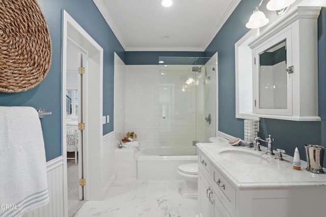 1550 Scenic Dr, Pasadena, CA 91103 - bathroom with shower / tub combination, vanity, connected bathroom, and ornamental molding