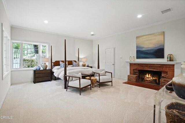 1550 Scenic Dr, Pasadena, CA 91103 - carpeted bedroom with crown molding, a brick fireplace, and recessed lighting