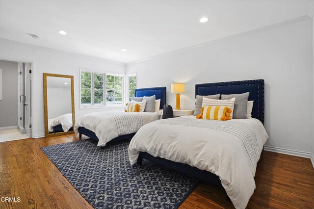 1550 Scenic Dr, Pasadena, CA 91103 - bedroom with wood finished floors, recessed lighting, and ornamental molding
