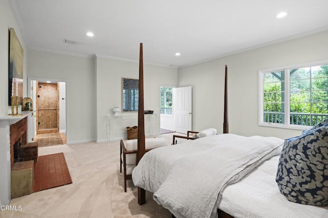 1550 Scenic Dr, Pasadena, CA 91103 - bedroom featuring recessed lighting, multiple windows, light colored carpet, and crown molding